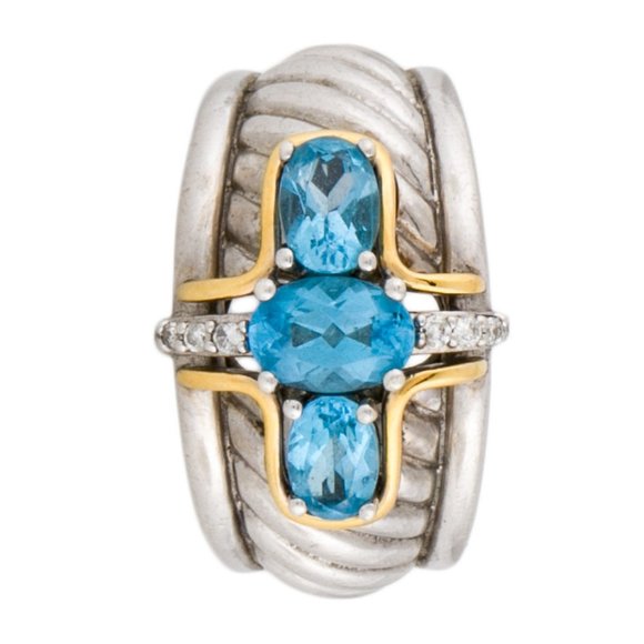 SONIA BITTON 14K YELLOW GOLD & SS TWO-TONE TOPAZ & DIAMOND COCKTAIL BAND… - Picture 2 of 7